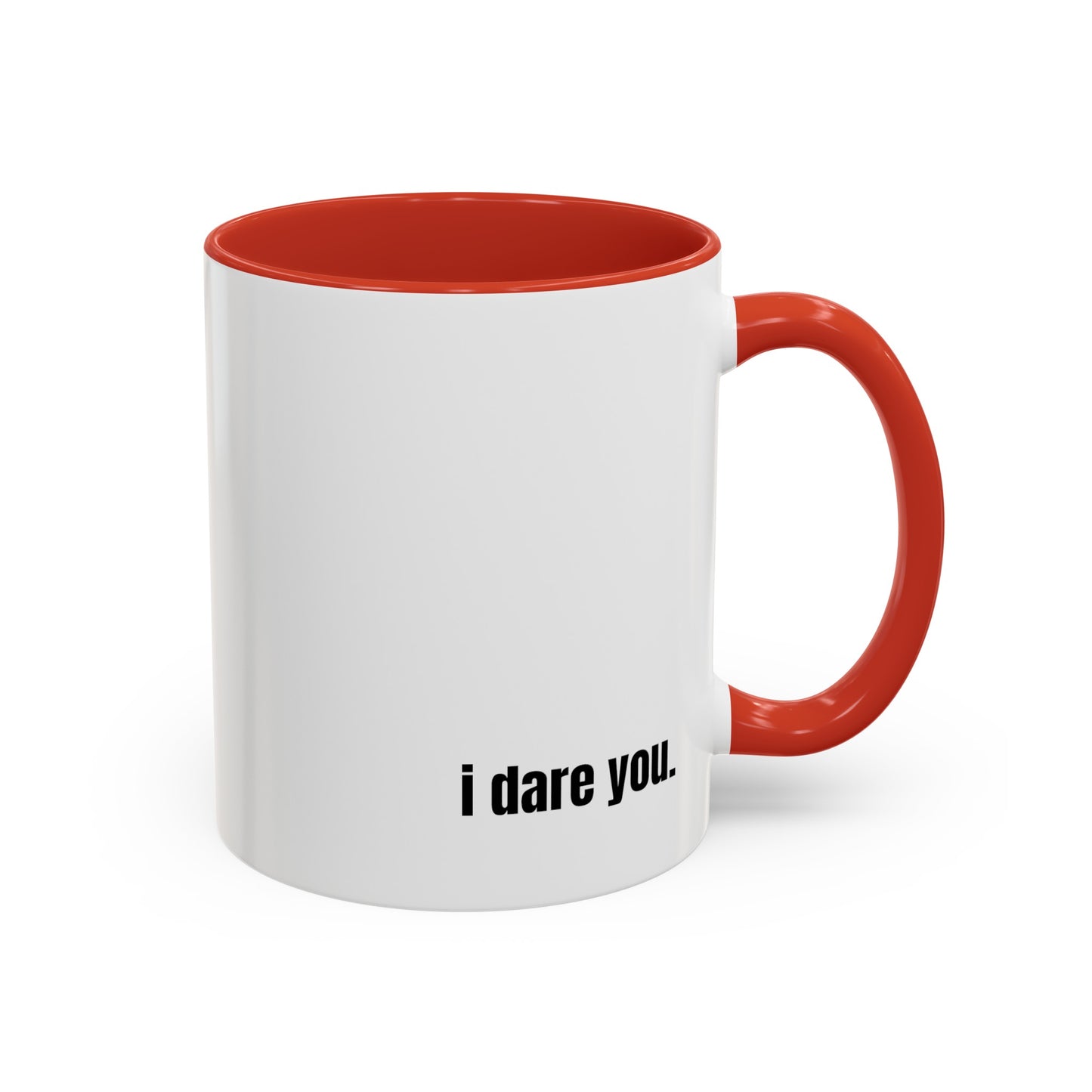"clock this mug" white ceramic mug with red handle