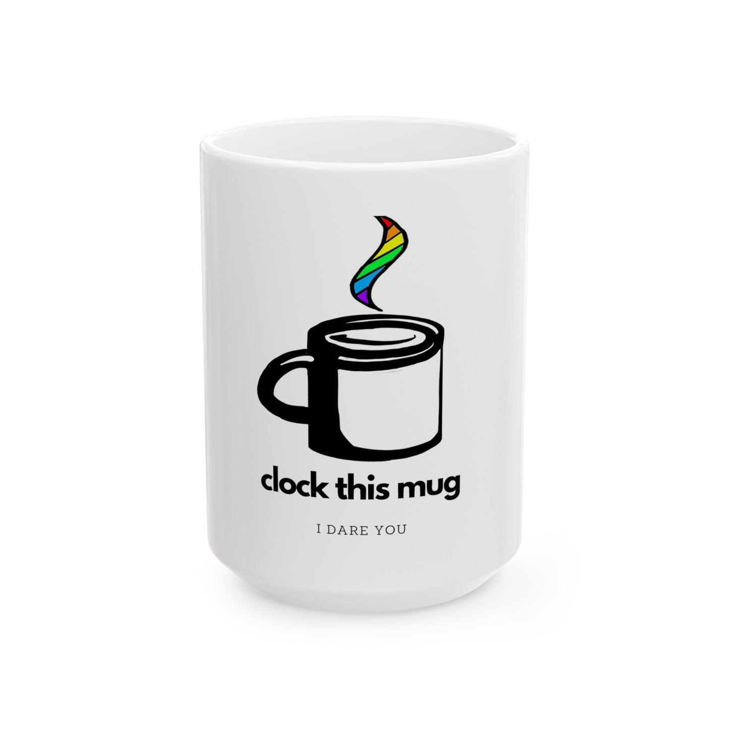 Clock this Mug white ceramic coffee mug with rainbow coffee steam