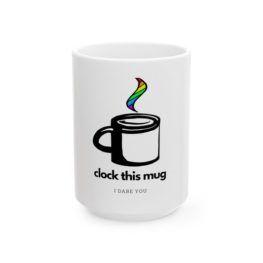 Clock this Mug white ceramic coffee mug with rainbow coffee steam