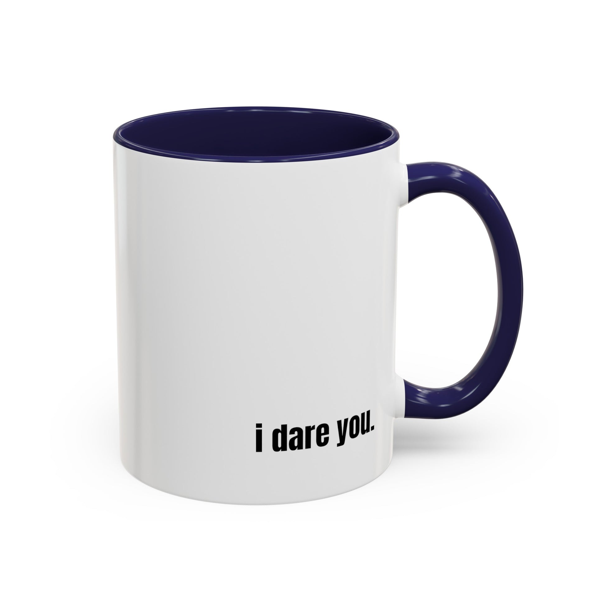 "clock this mug" white ceramic mug with navy handle