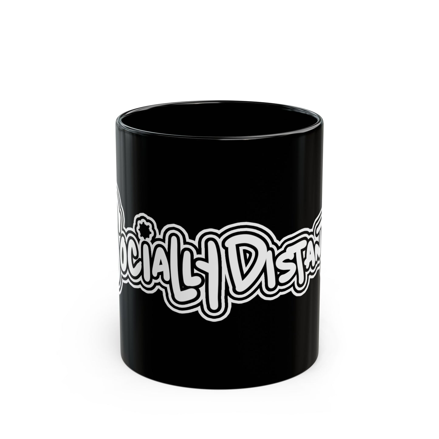 Black ceramic mug with " socially Distant" on it