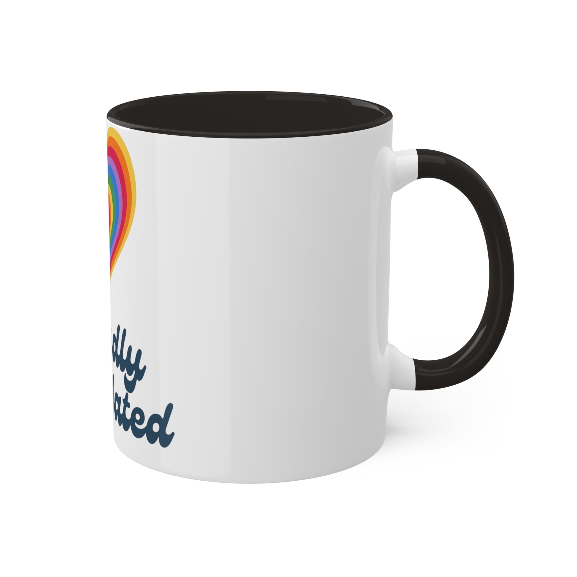 "proudly Percolated" coffee mug in white with a rainbow heart