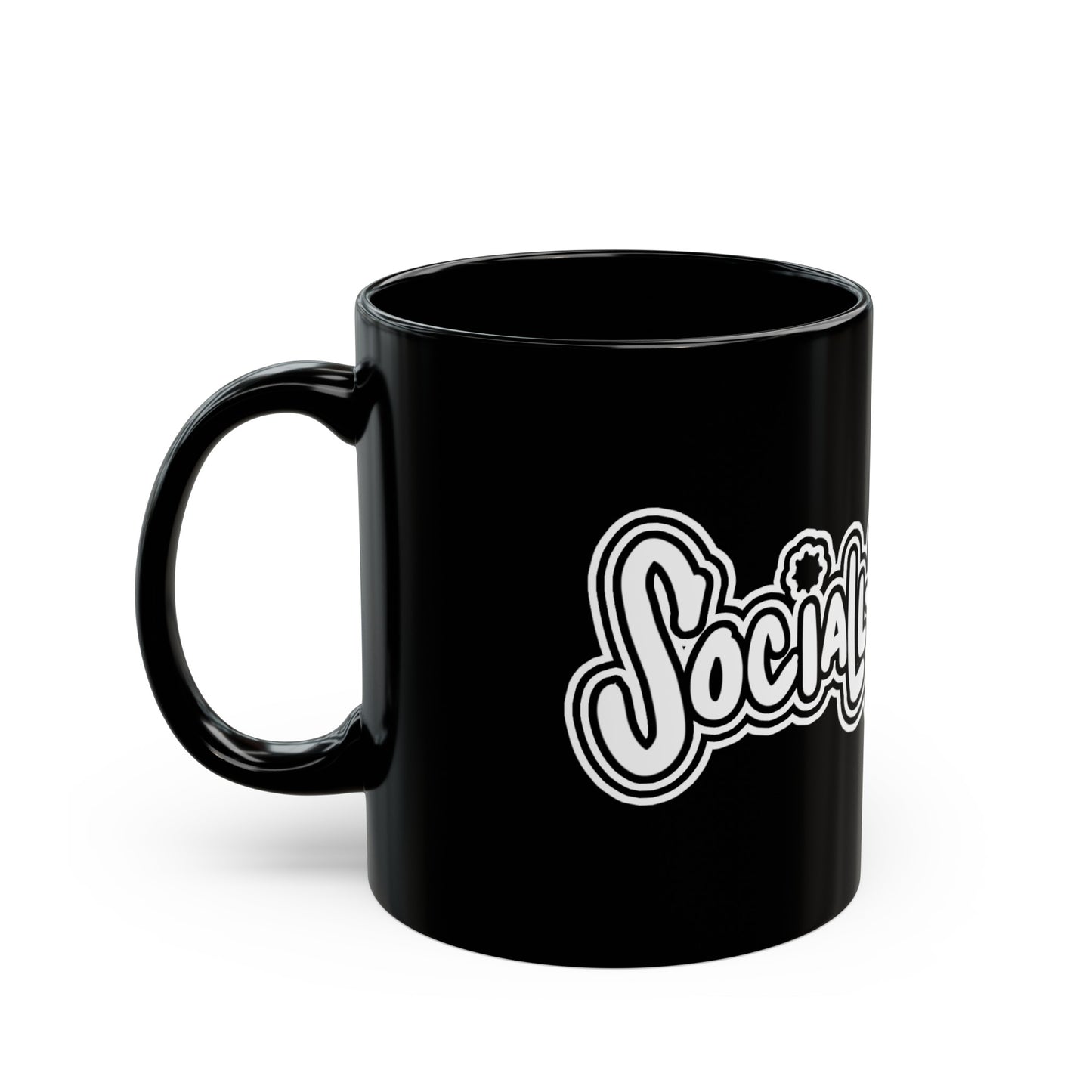 Black ceramic mug with " socially Distant" on it