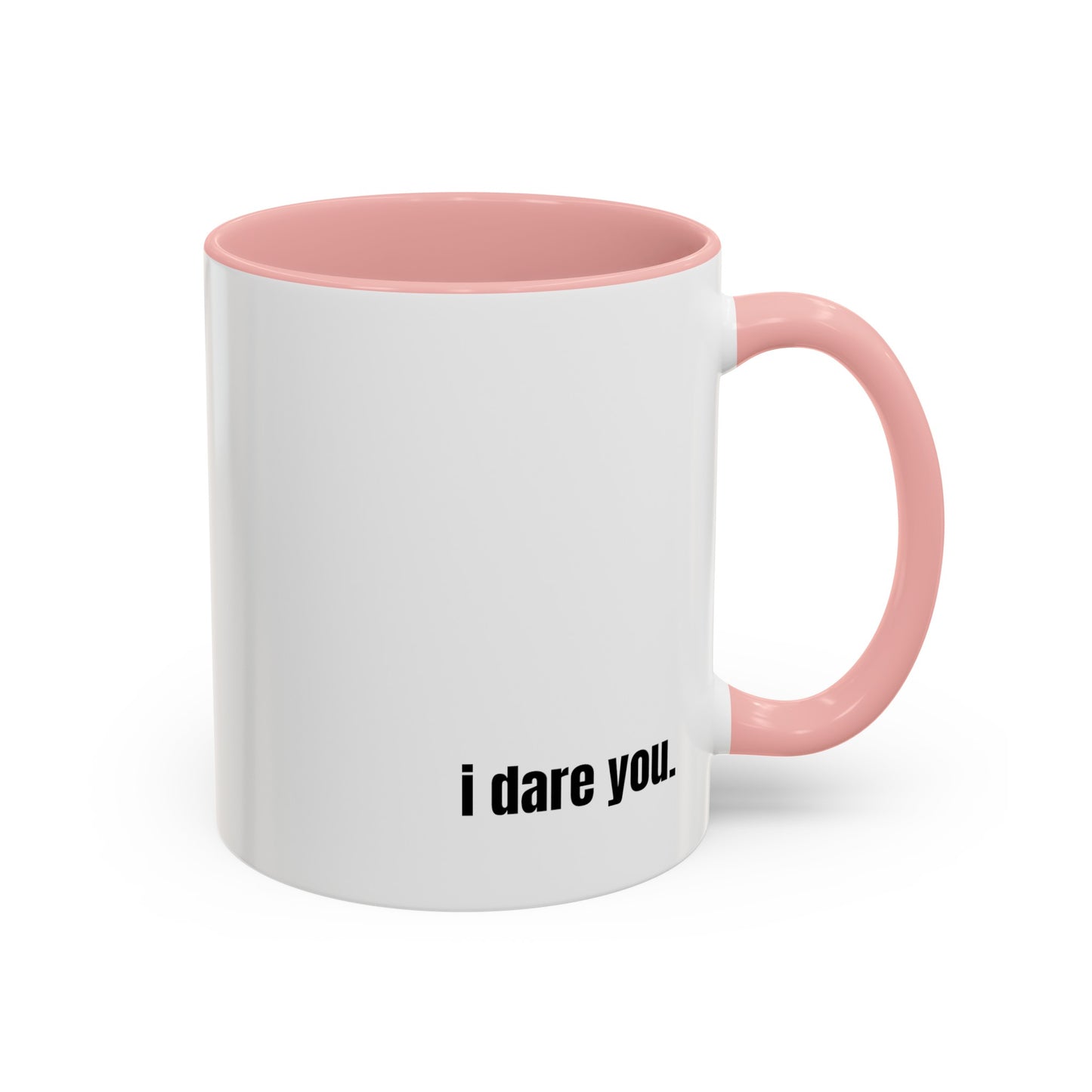 "clock this mug" white ceramic mug with pink handle