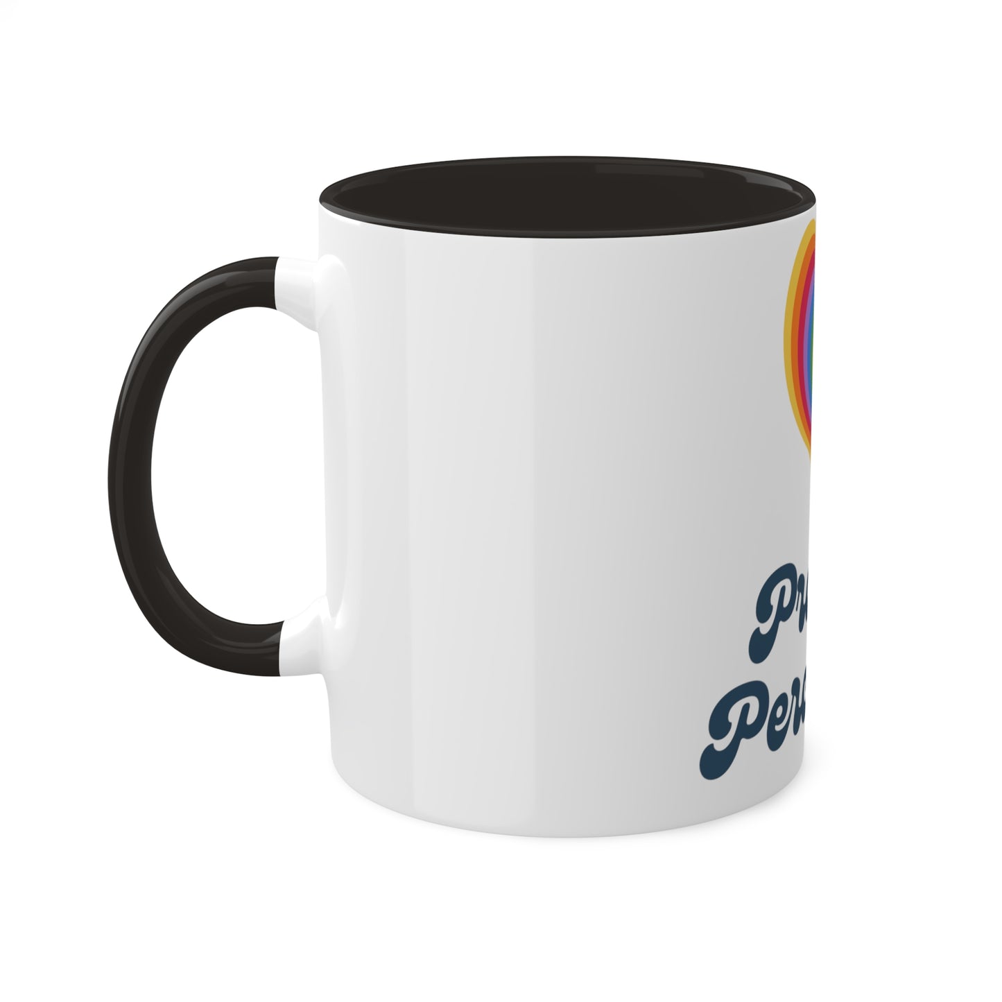 "proudly Percolated" coffee mug in white with a rainbow heart