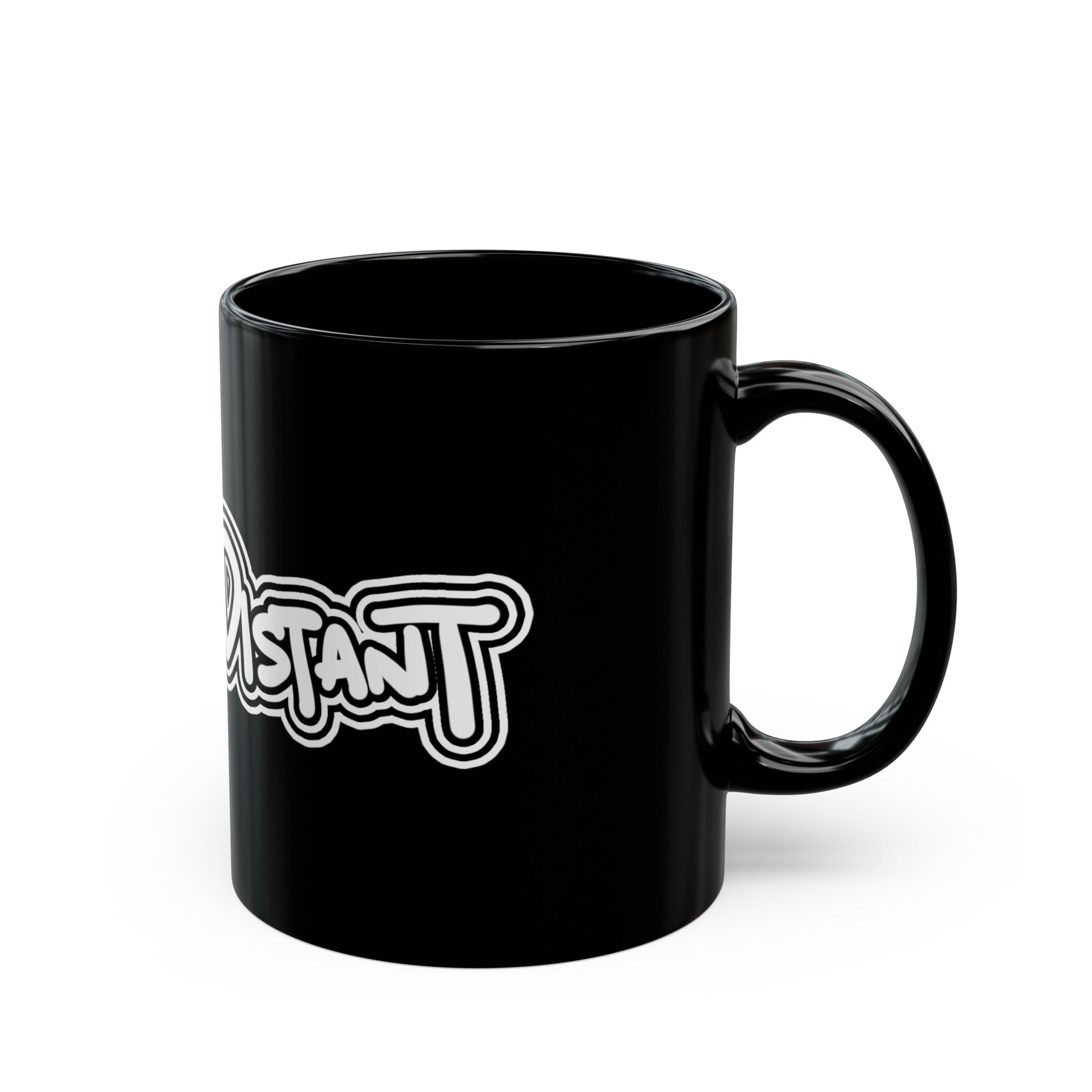 Black ceramic mug with " socially Distant" on it