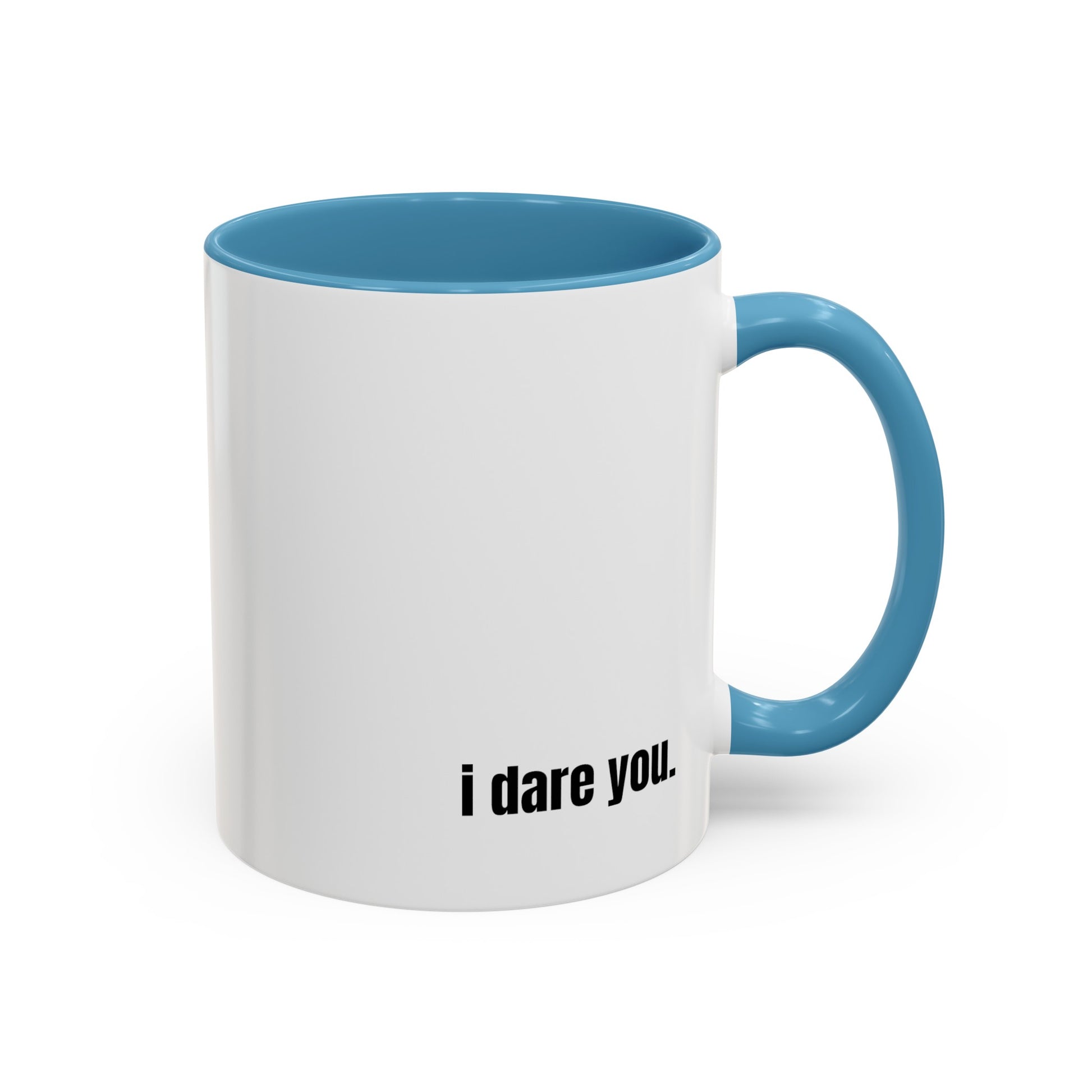 "clock this mug" white ceramic mug with teal handle