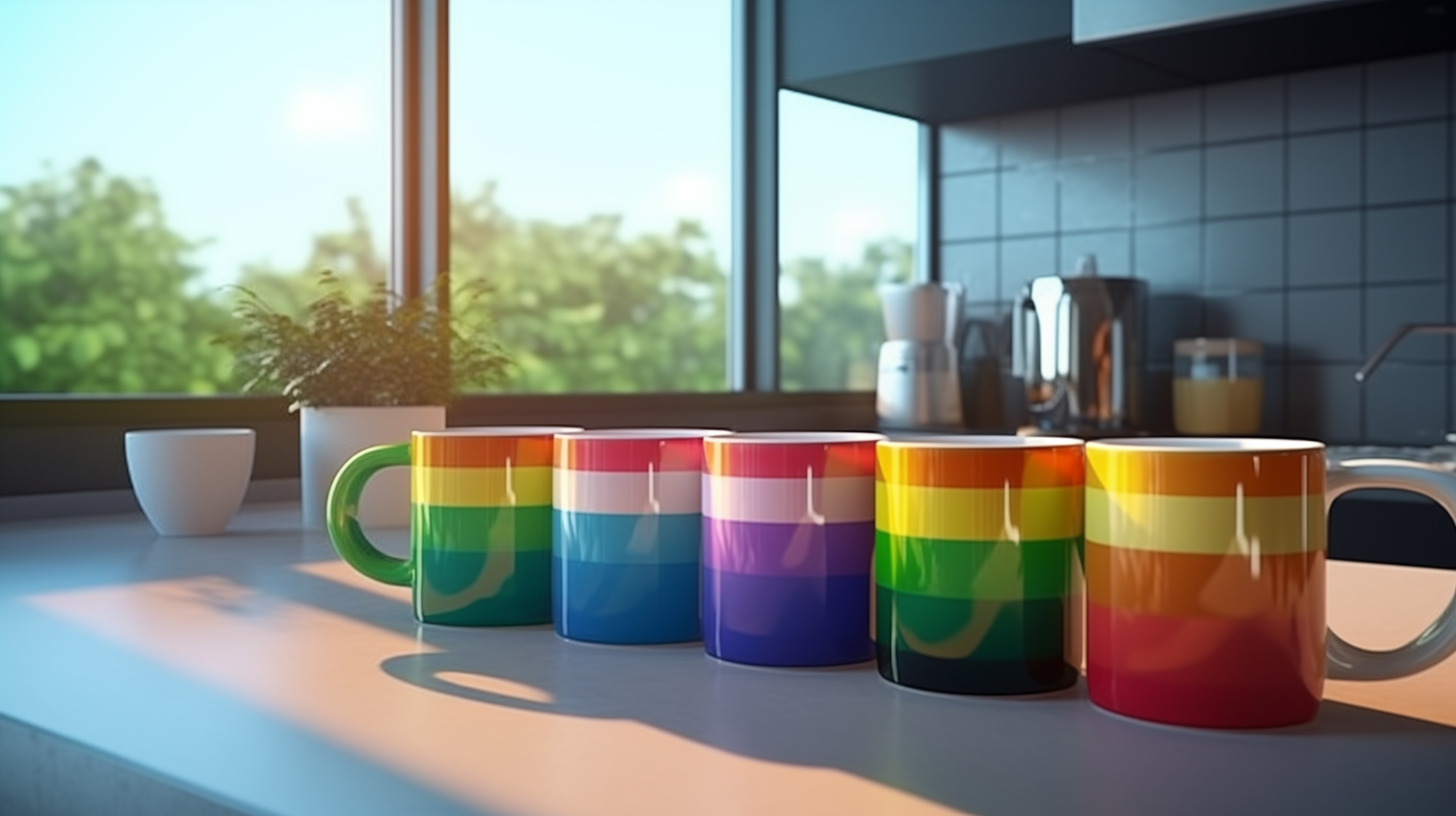 Rainbow coffee mugs in a clean modern kitchen